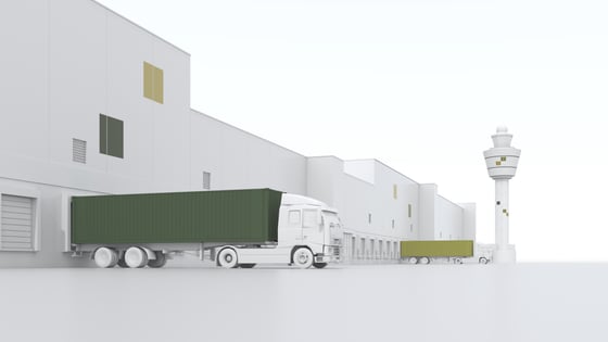 Two trucks are loaded. A tower is placed in the background.