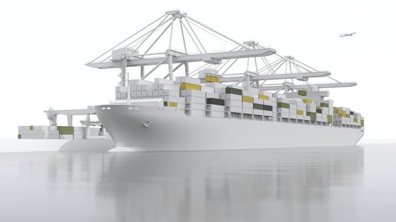 A loaded sea freight ship at the port.